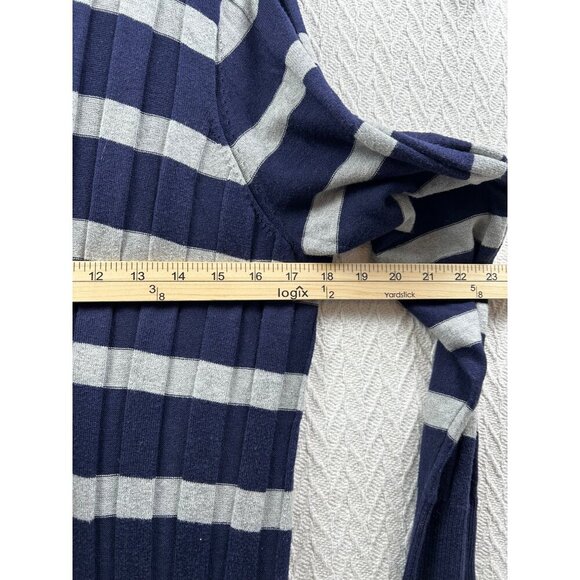 Striped Navy & Gray Open Front Cardigan Sweater Pleated Front & Back LARGE - Picture 9 of 12